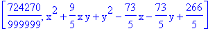 [724270/999999, x^2+9/5*x*y+y^2-73/5*x-73/5*y+266/5]